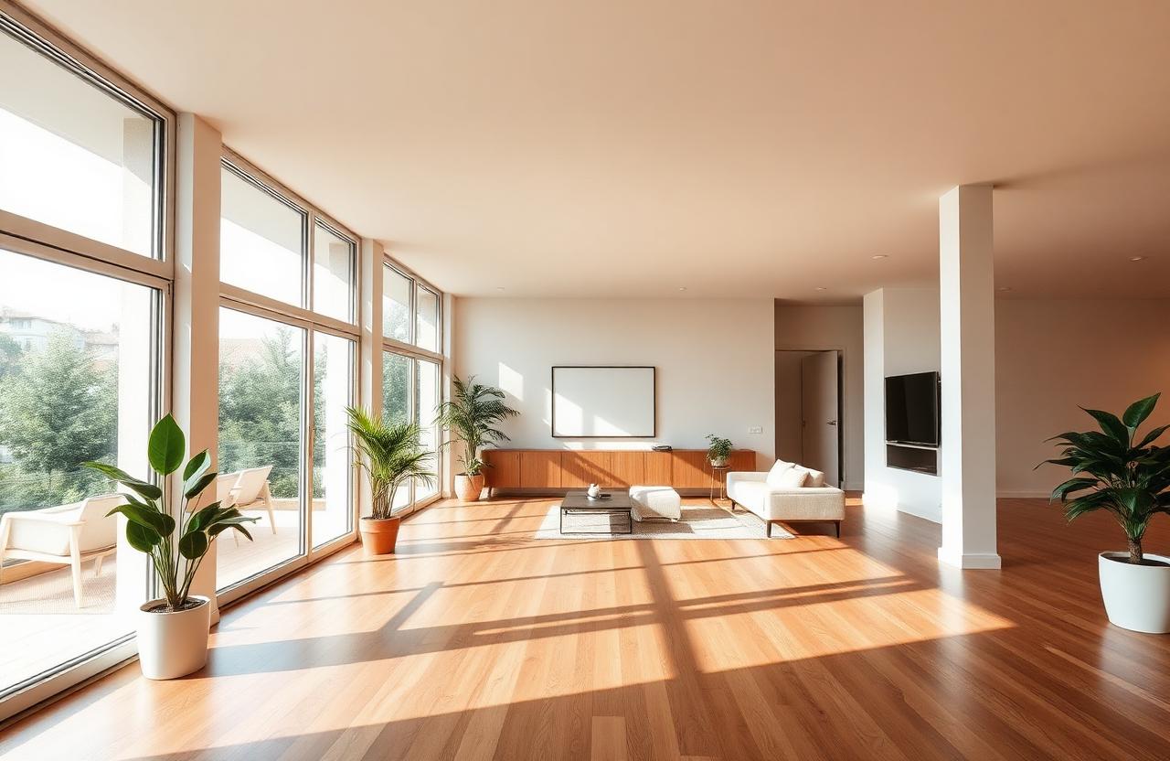 Bright modern interior with floor-to-ceiling windows and plants