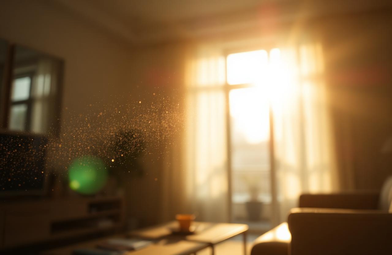 PM2.5 dust particles illuminated in a sunbeam indoors